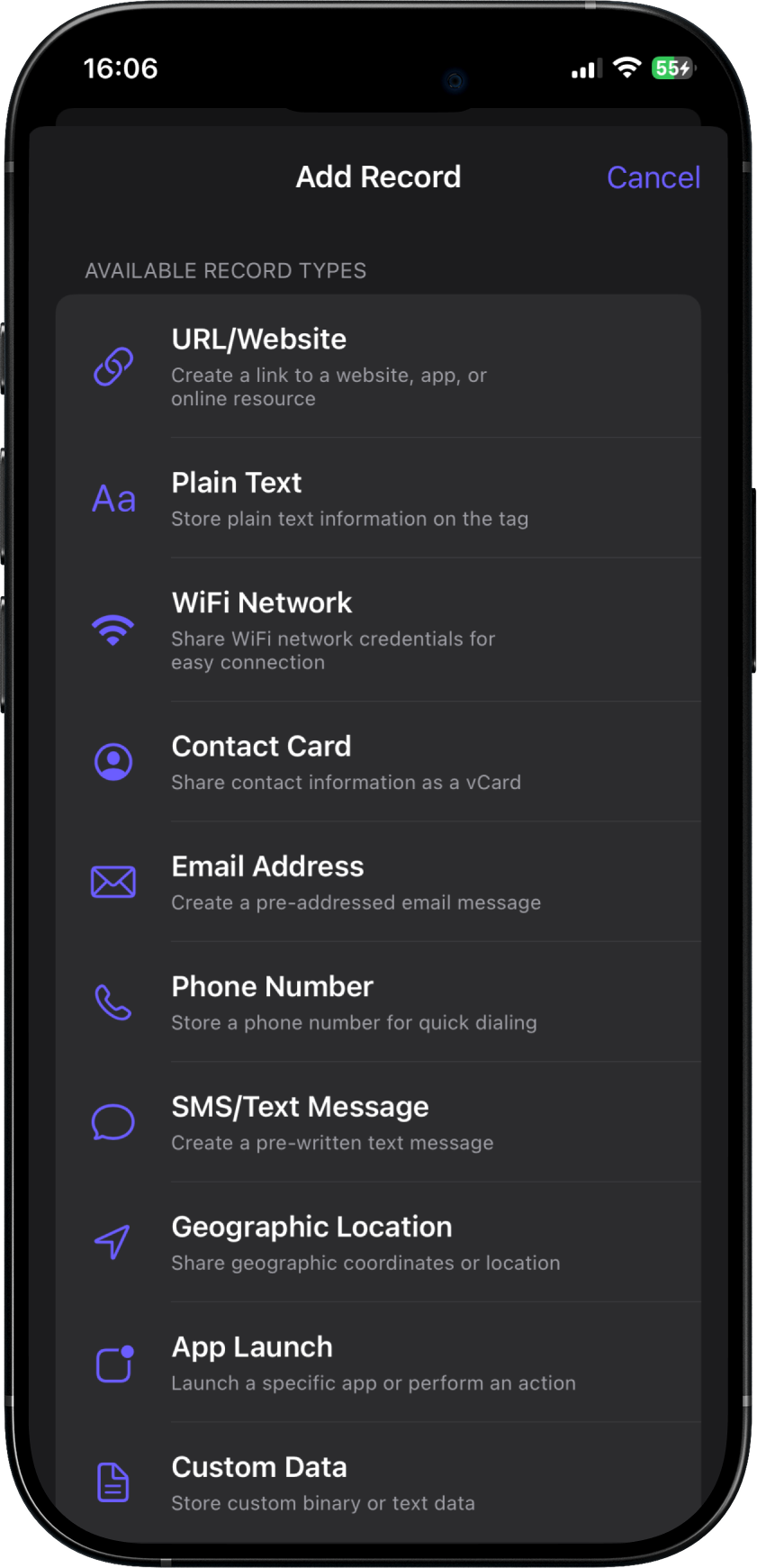 Tag Writer Smart NFC interface showing NFC tag programming