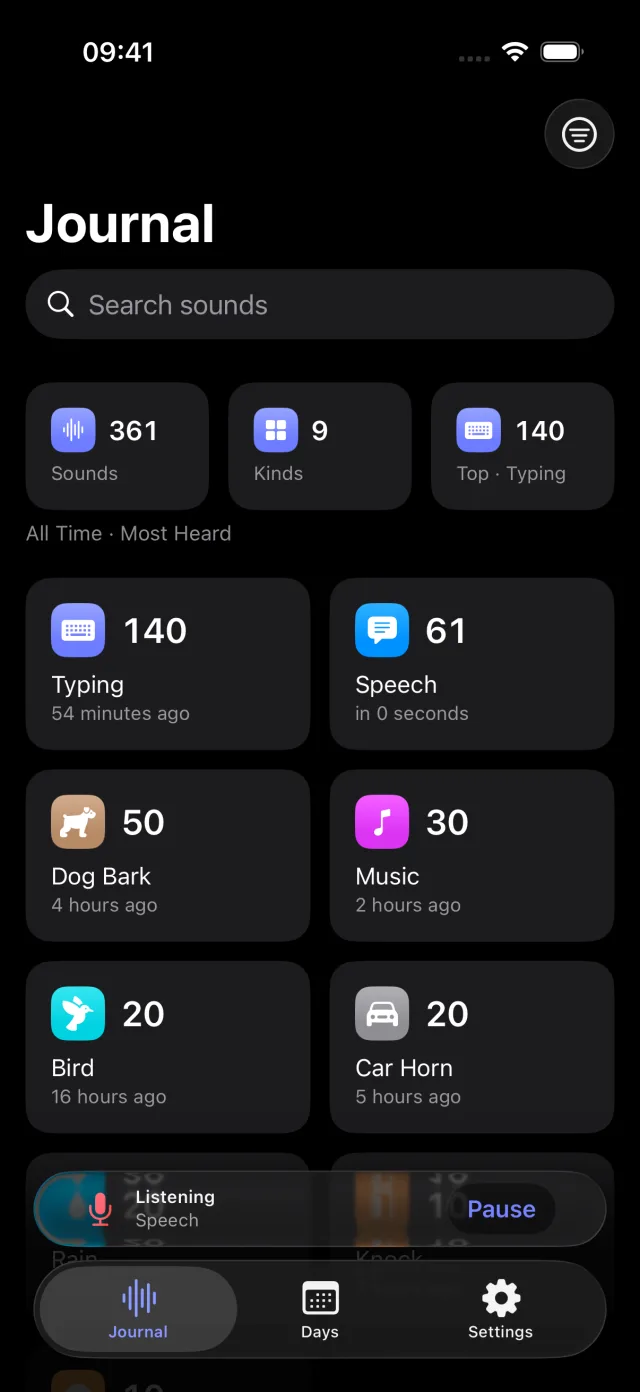 QuietTrace on iPhone showing a journal of classified sounds with visible listening status and a Pause control
